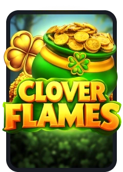 The game logo for 'Clover Flames' is displayed over a green pot of gold coins and a large four-leaf clover.